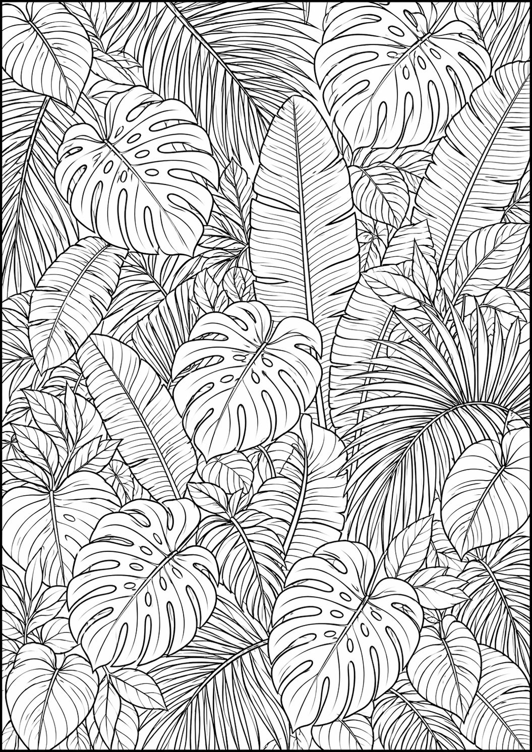 Trooppinen lehtikatos – värityssivu aikuisille