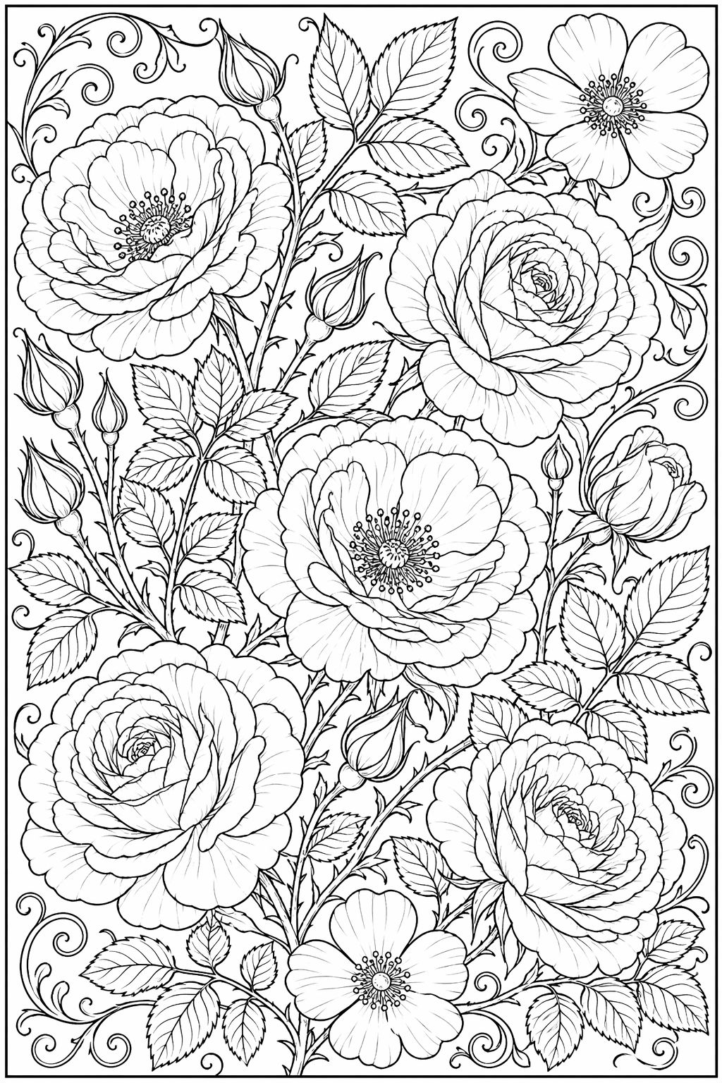 Villiruusupuutarha – värityssivu aikuisille