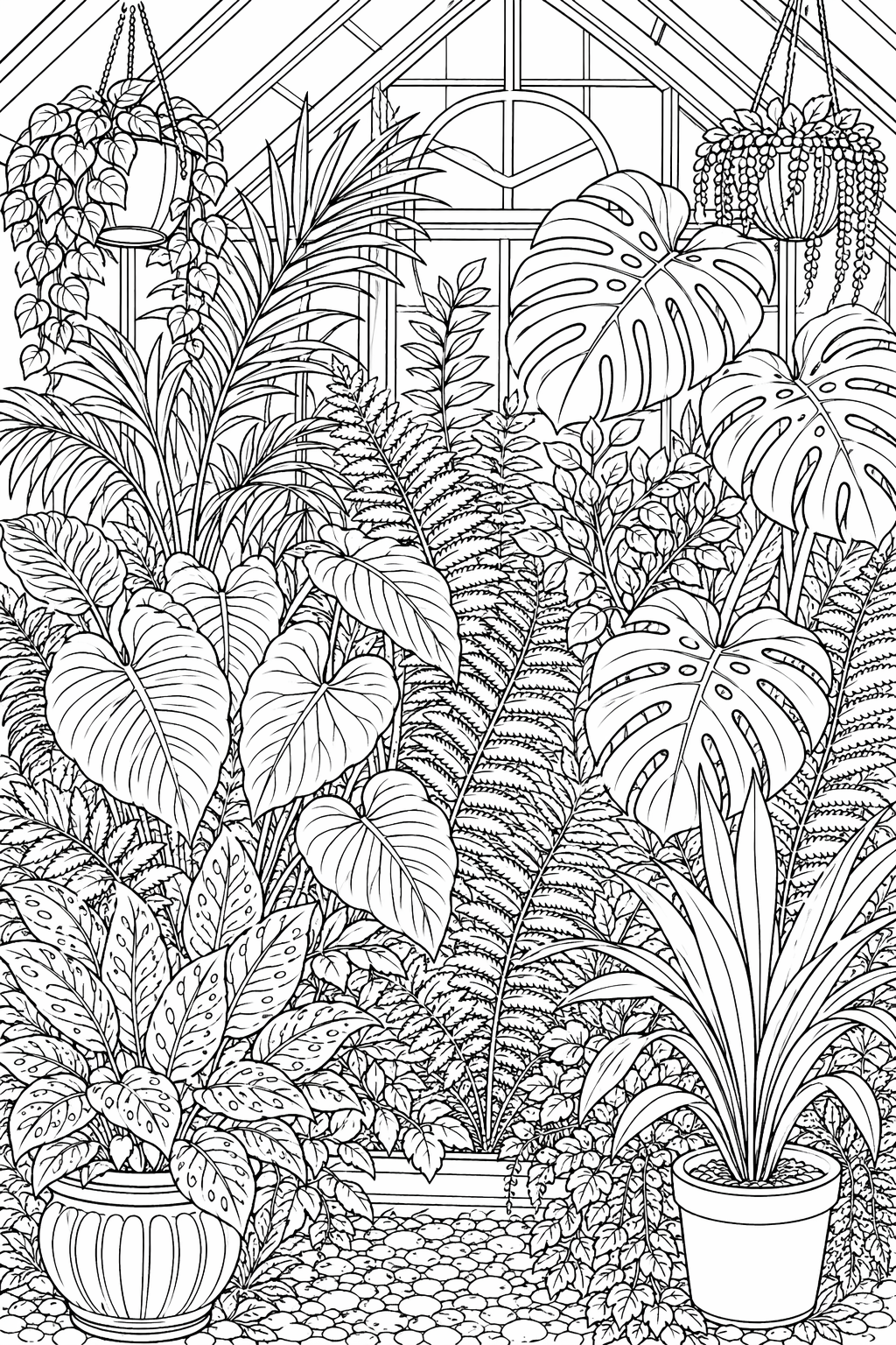 Kasvihuoneen kasvitutkielma – värityssivu aikuisille