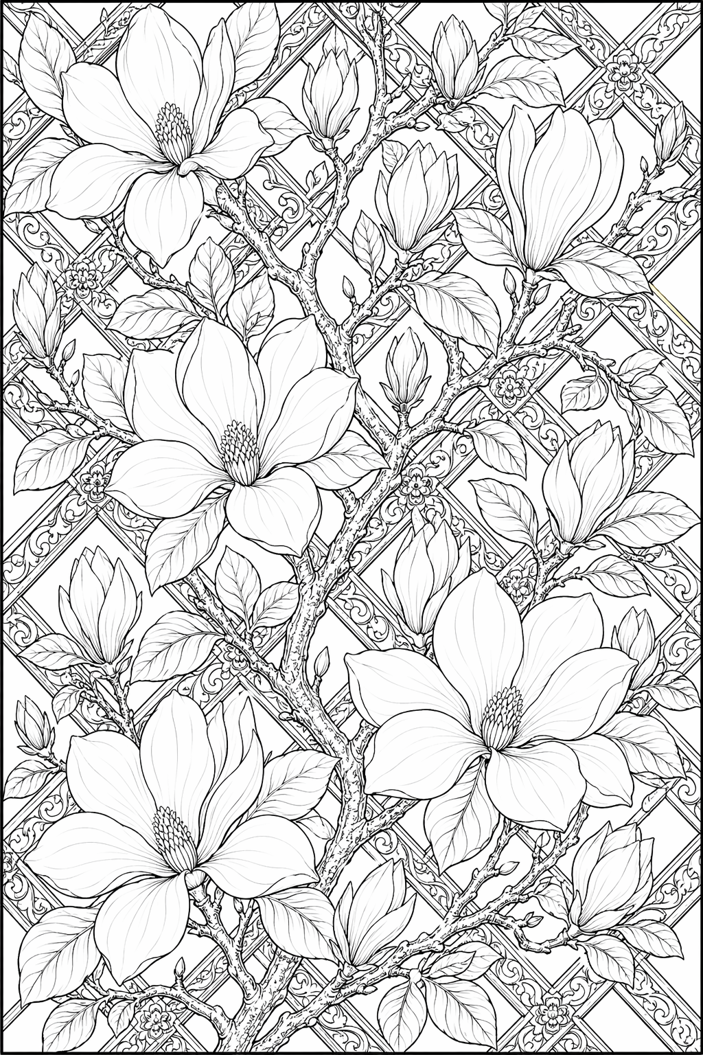 Magnoliaristikko – värityssivu aikuisille