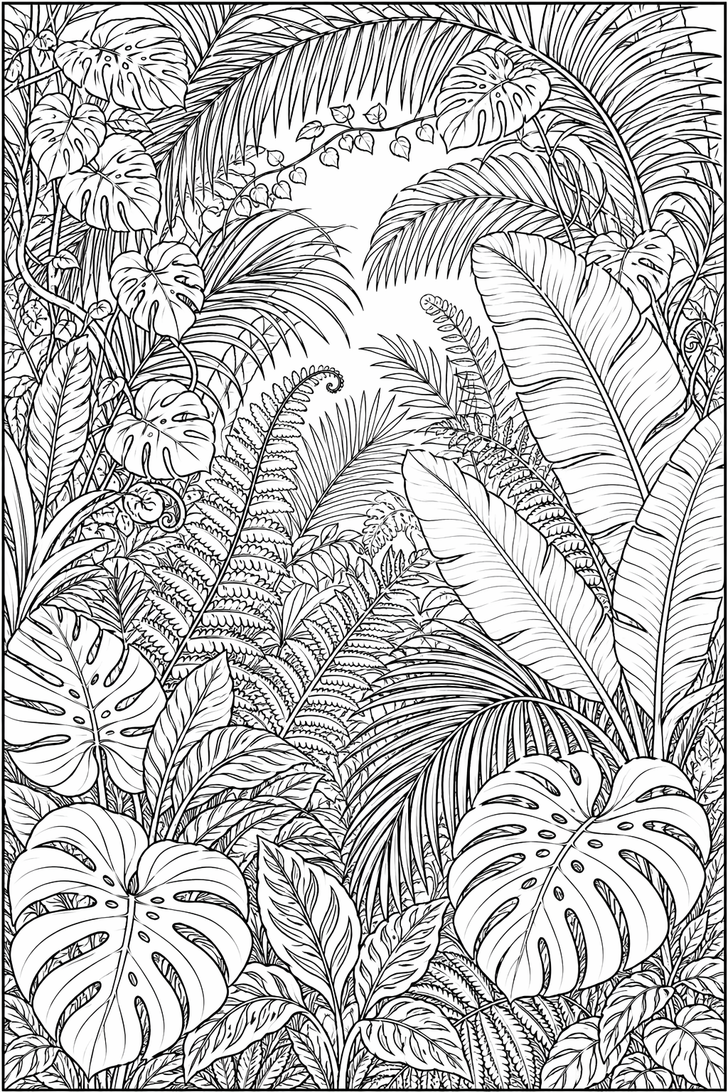 Viidakkosaniaisten kaaret – värityssivu aikuisille