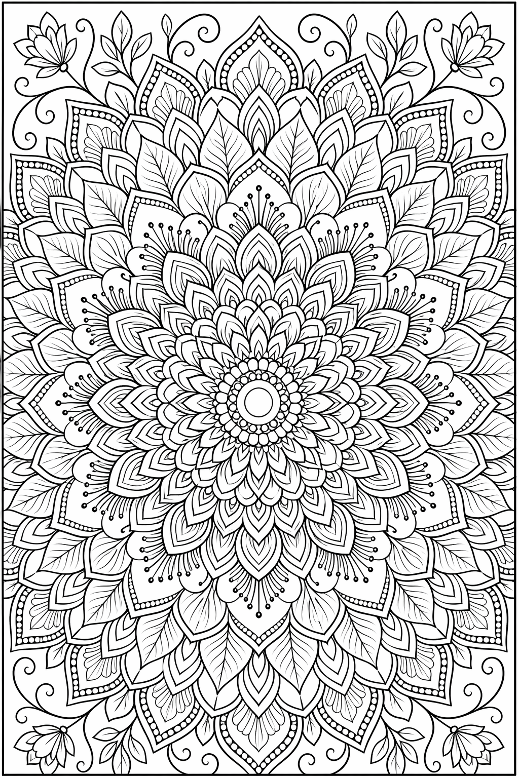 Säteilevä terälehtimandala – värityssivu aikuisille