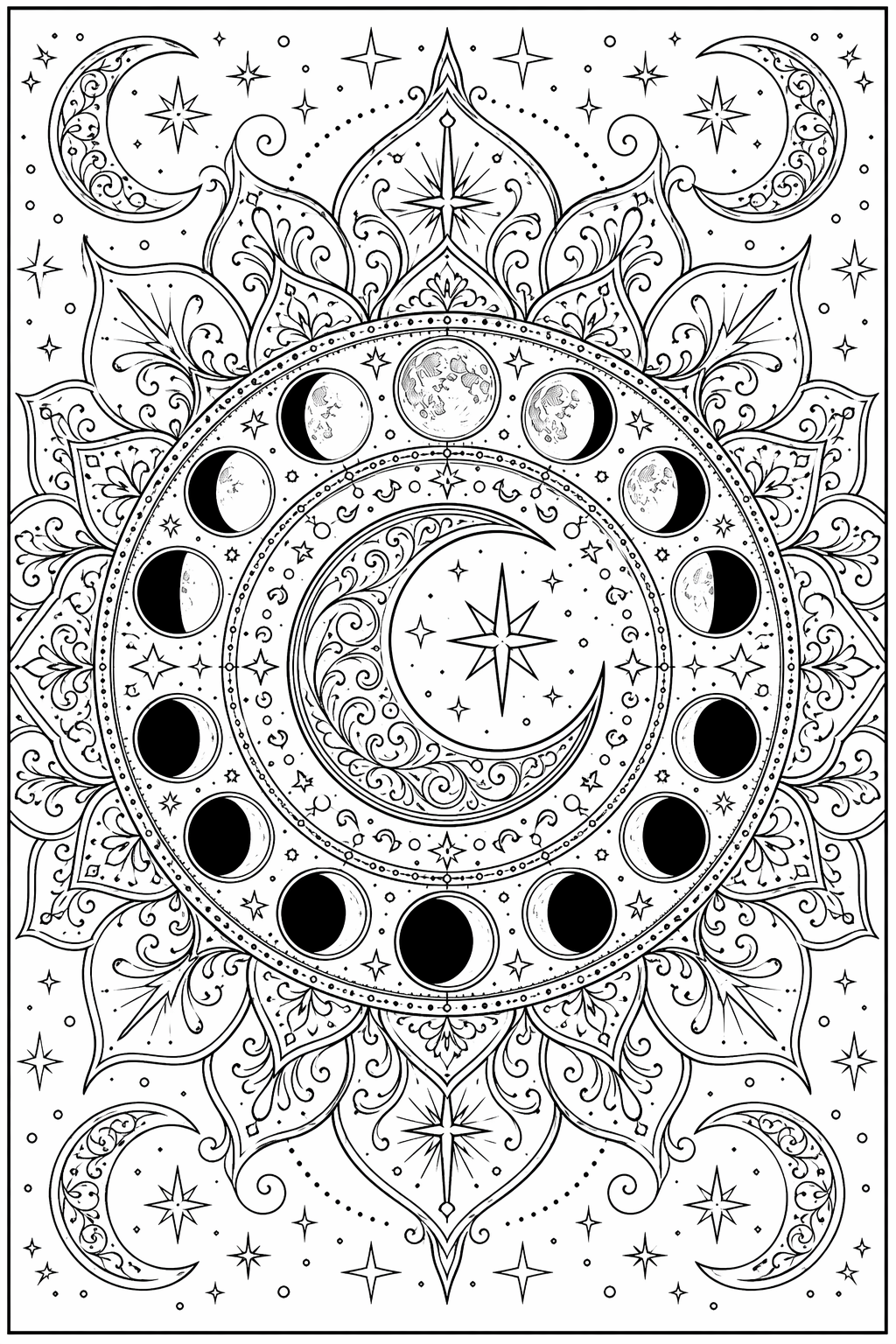 Kuunvaihemandala – värityssivu aikuisille