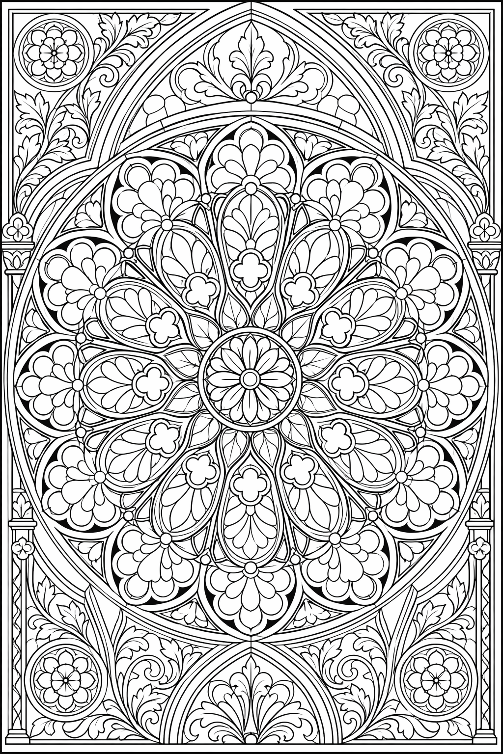 Viktoriaaninen ikkunamandala – värityssivu aikuisille