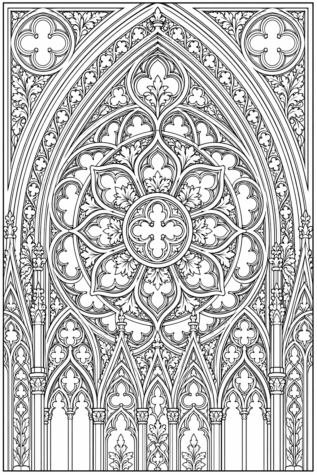 Goottilainen kaarikoristekuvio – värityssivu aikuisille