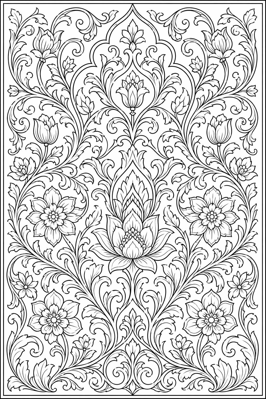Arabeskipuutarhapaneeli – värityssivu aikuisille