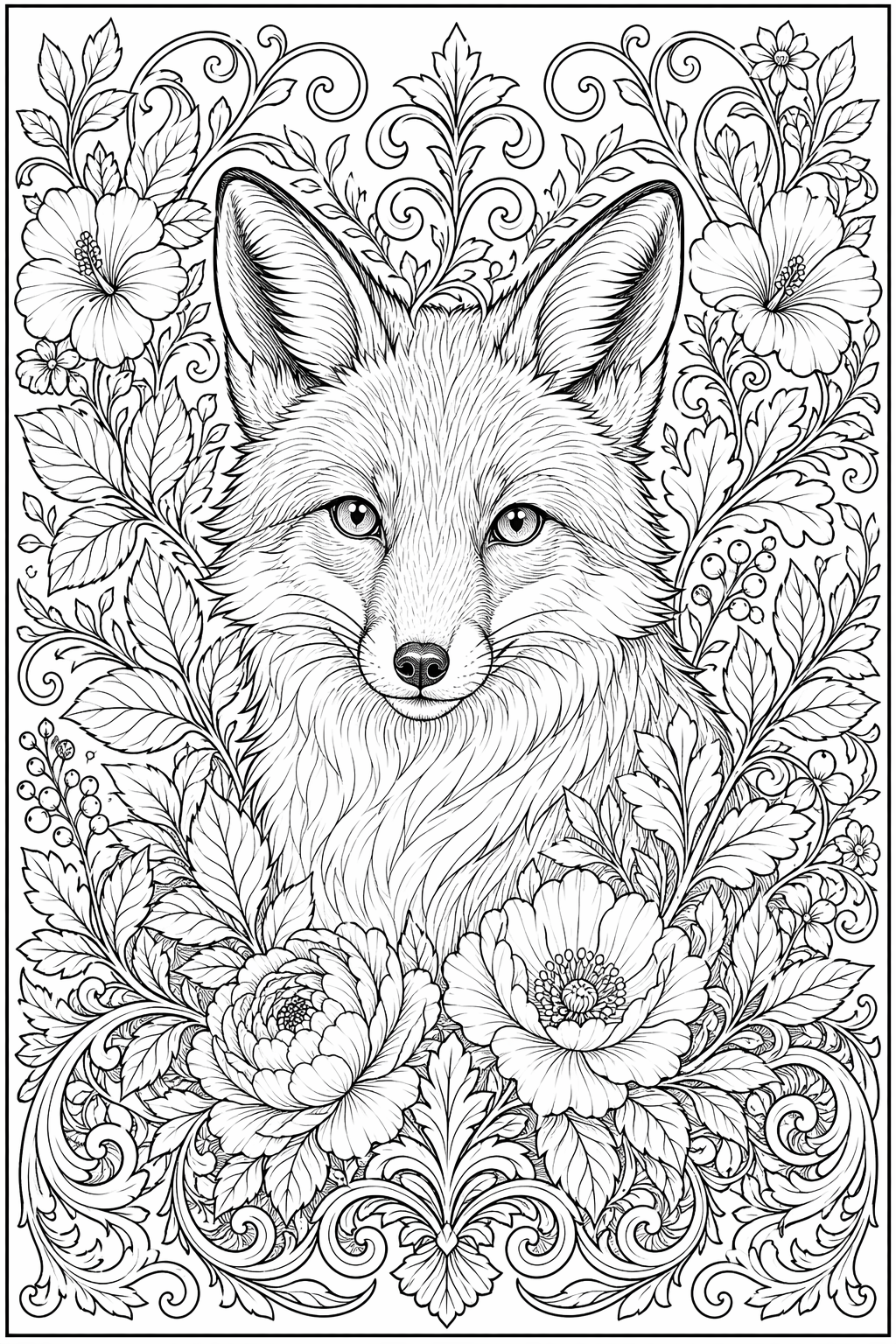 Kettu kasviköynnösten keskellä – värityssivu aikuisille