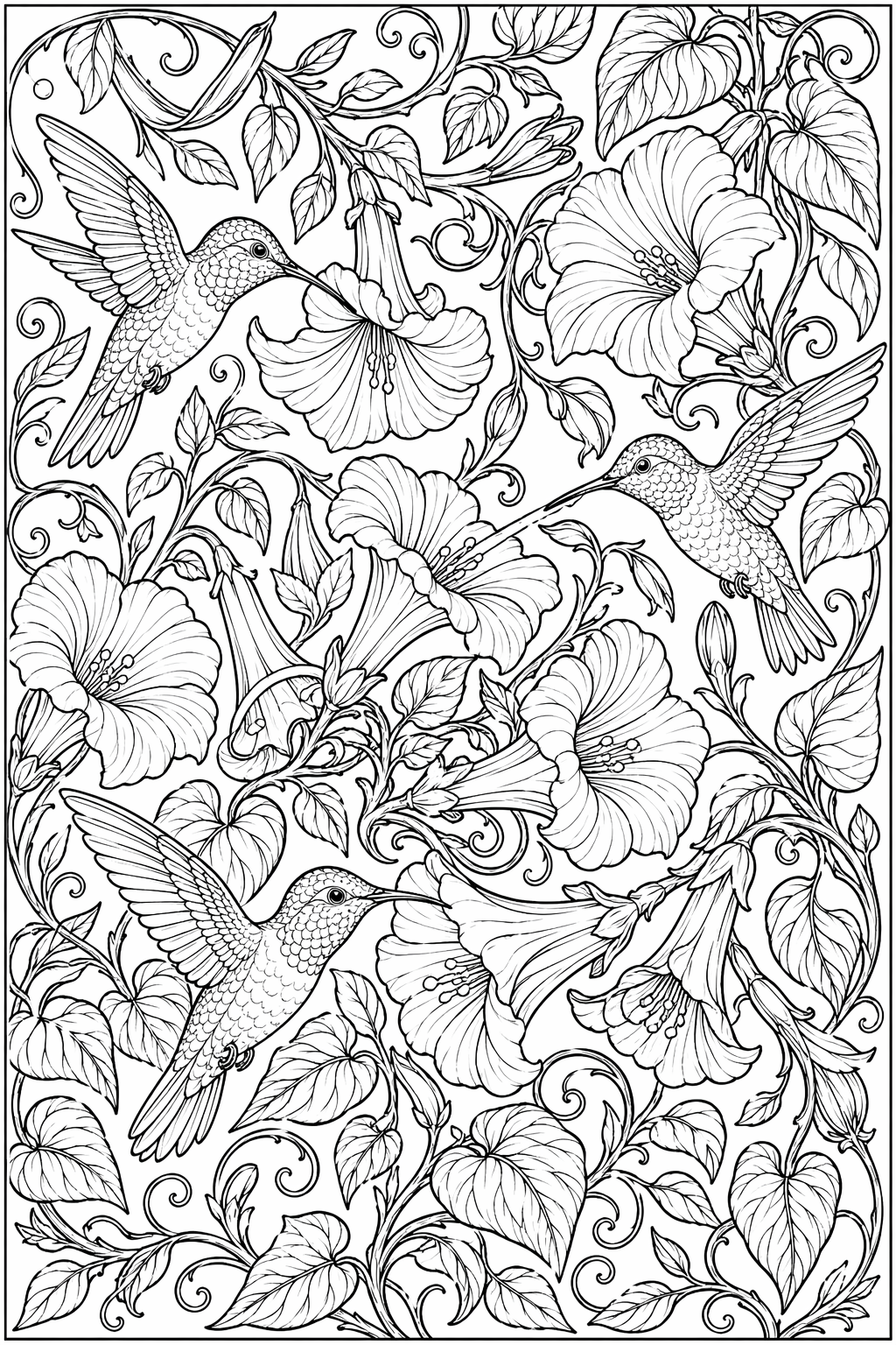 Kolibrien kukkaverkosto – värityssivu aikuisille