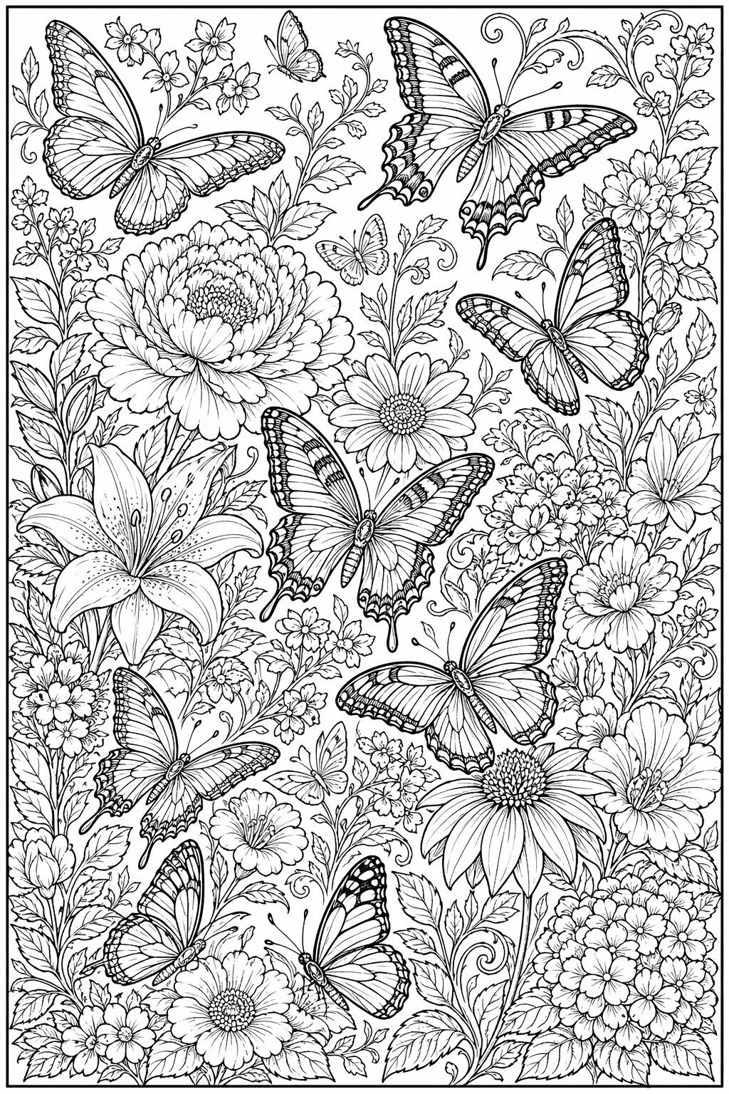 Perhosparvipuutarha – värityssivu aikuisille