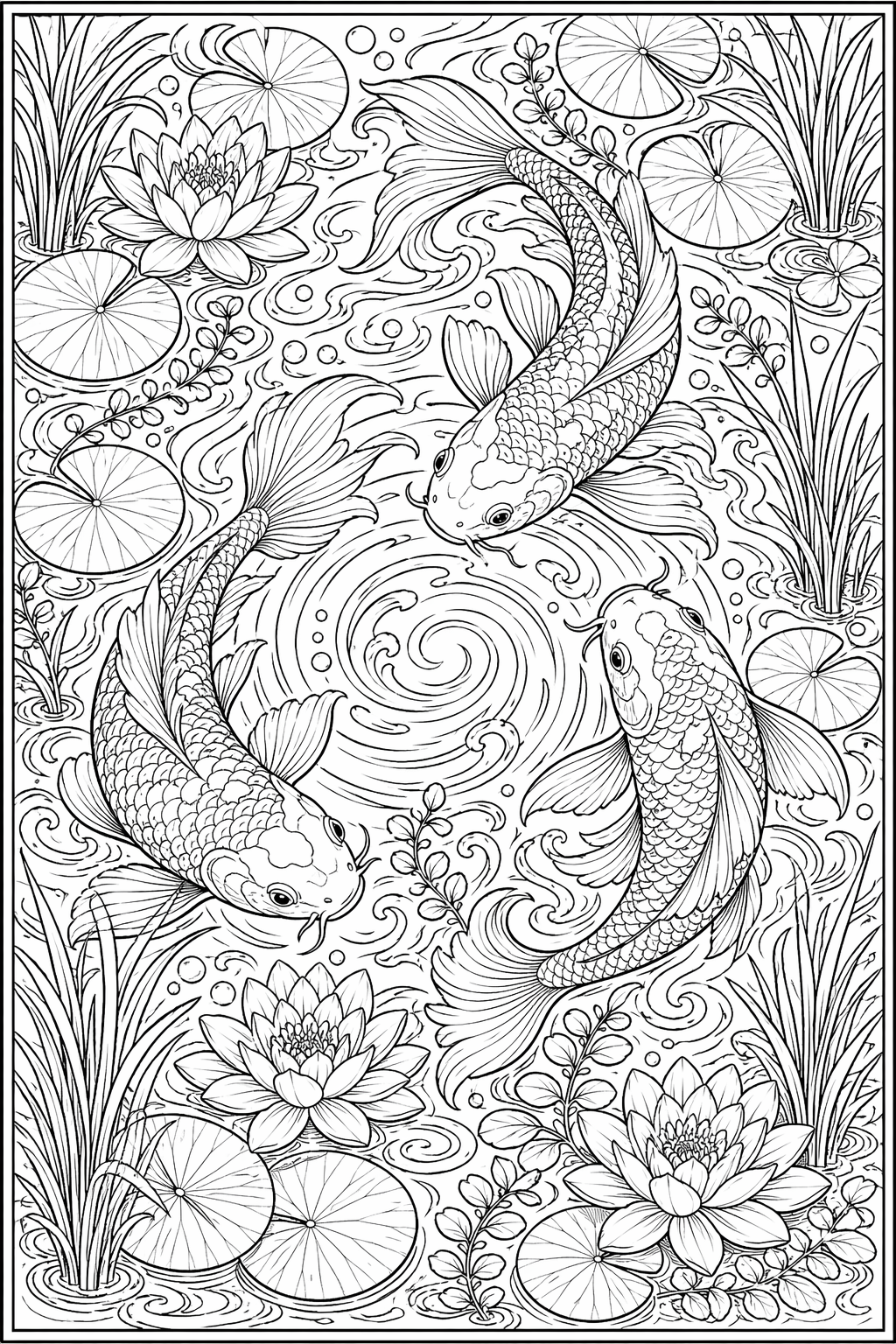 Koi-lammen kiertoliike – värityssivu aikuisille