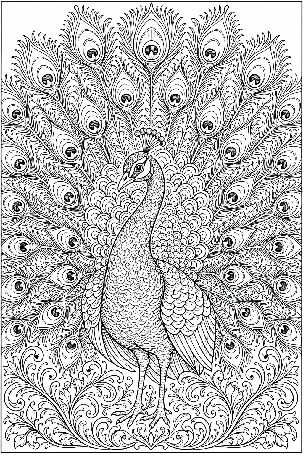 Riikinkukon viuhkaornamentti – värityssivu aikuisille