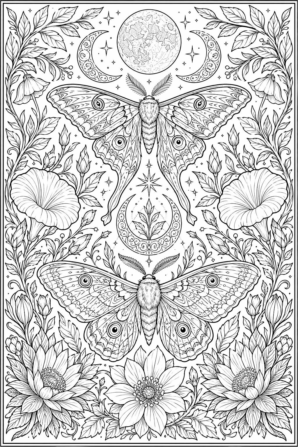 Yökkönen ja kuu puutarhassa – värityssivu aikuisille
