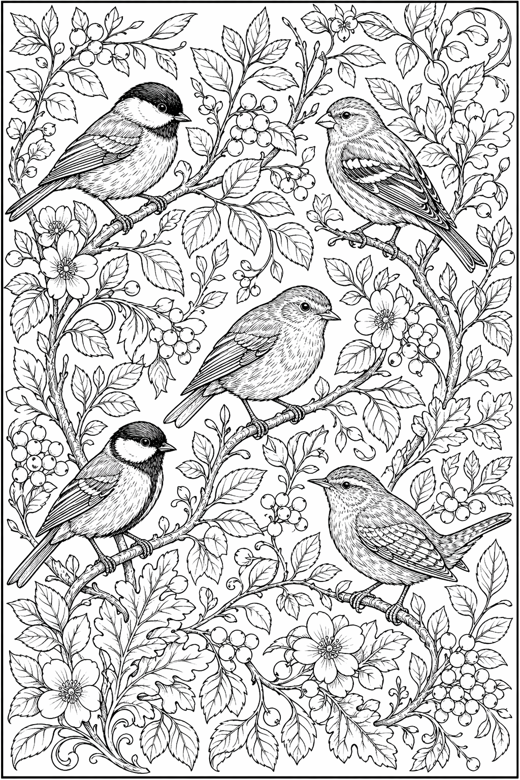 Laululinnut oksasokkelossa – värityssivu aikuisille