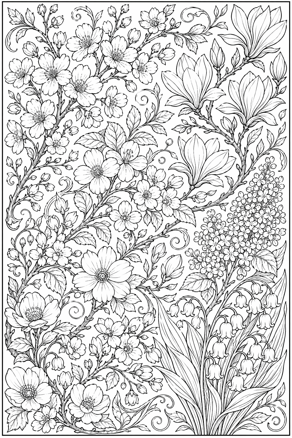 Keväinen kukkaristikko – värityssivu aikuisille