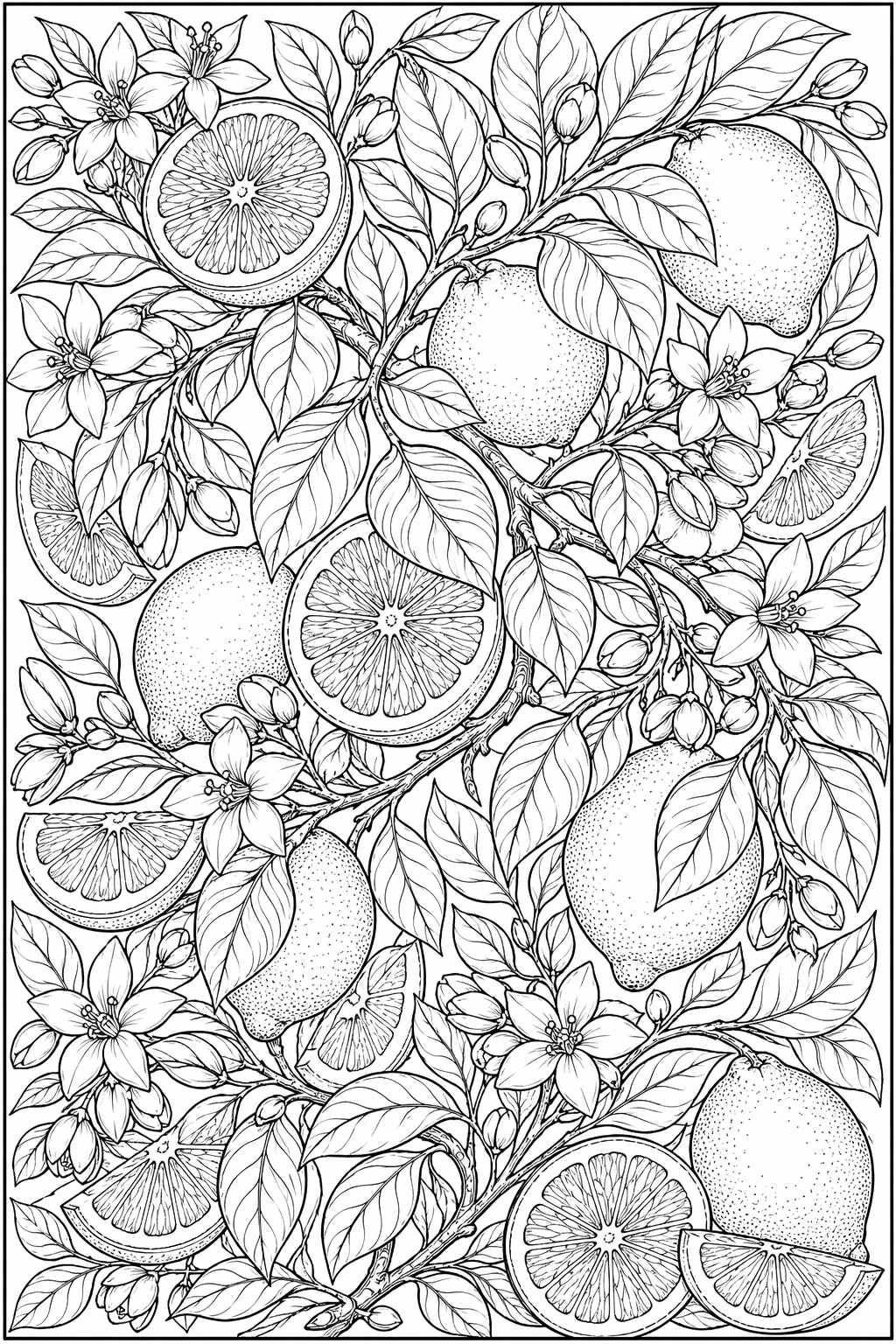 Kesäinen sitruslehto – värityssivu aikuisille