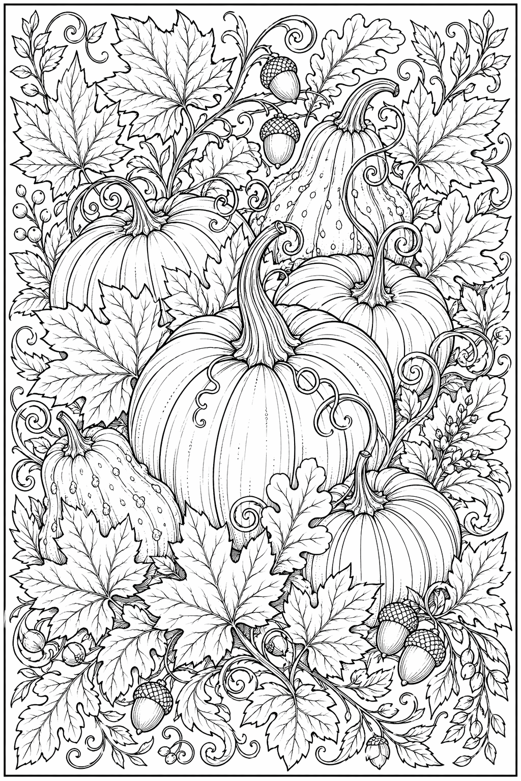 Syksyinen kurpitsalehdistö – värityssivu aikuisille