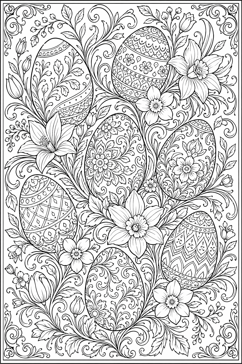 Pääsiäismunaornamenttipuutarha – värityssivu aikuisille