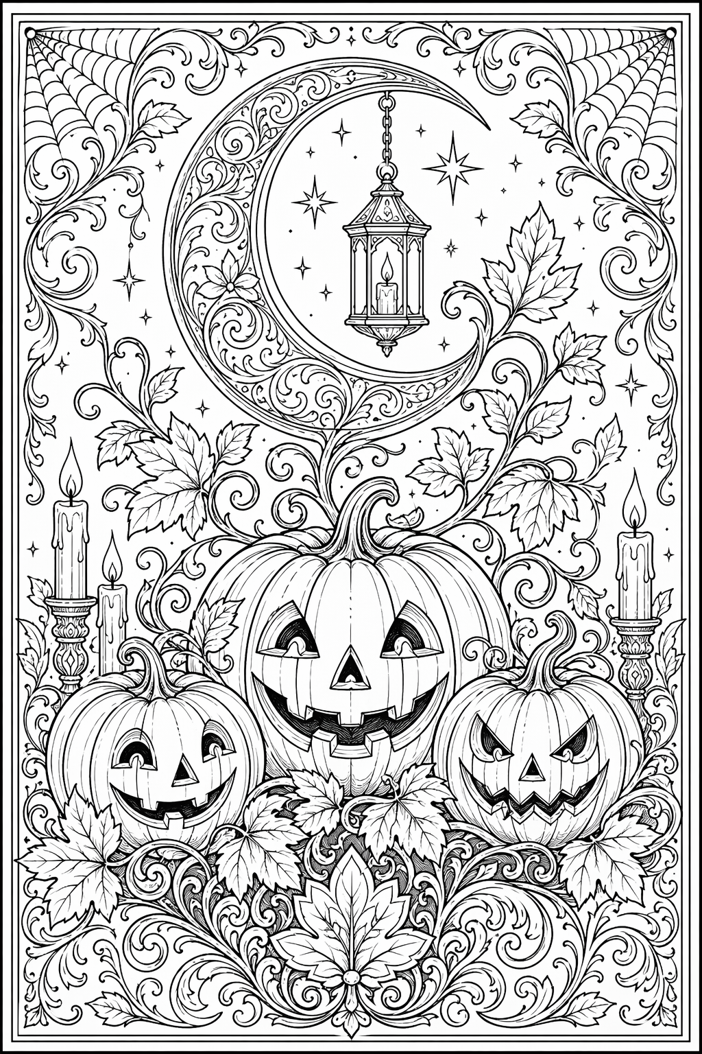 Halloween-puutarhan köynnöskuviot – värityssivu aikuisille