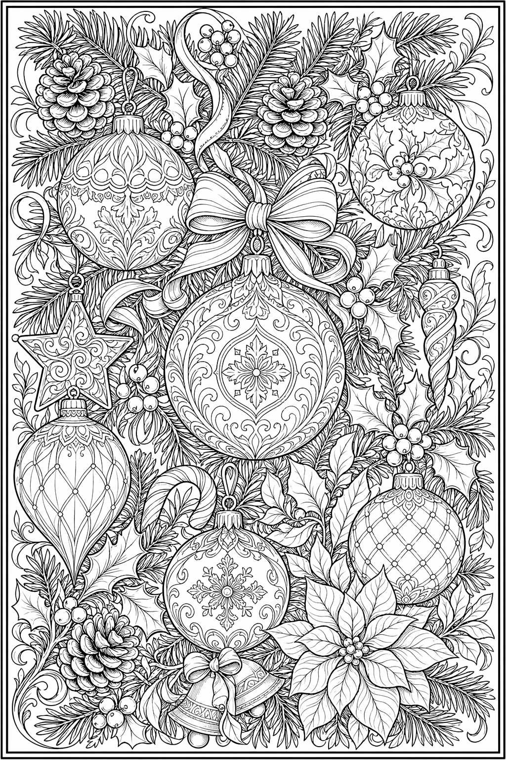 Jouluinen kasvi- ja nauhaornamentti – värityssivu aikuisille