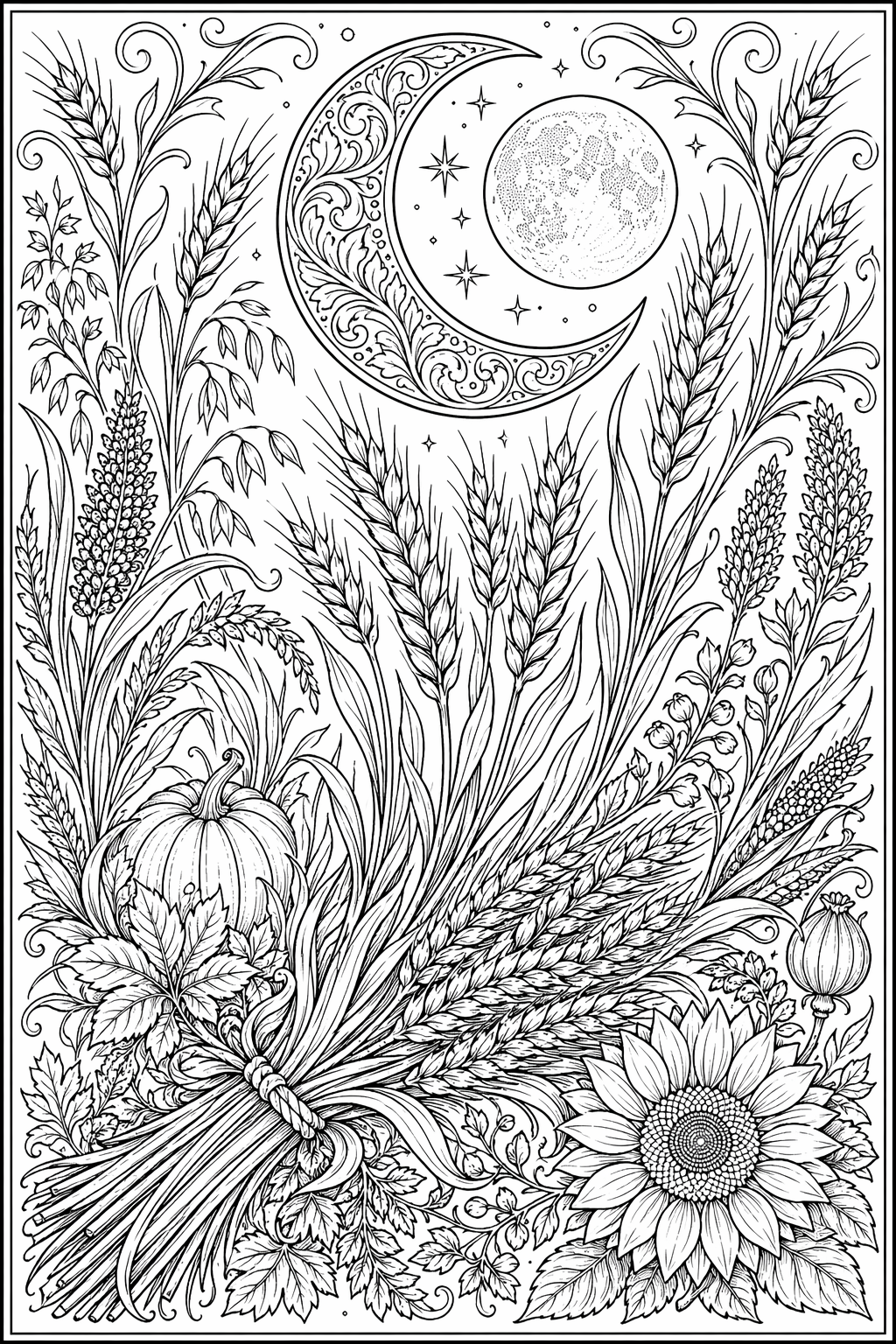 Sadonkorjuukuun pelto – värityssivu aikuisille