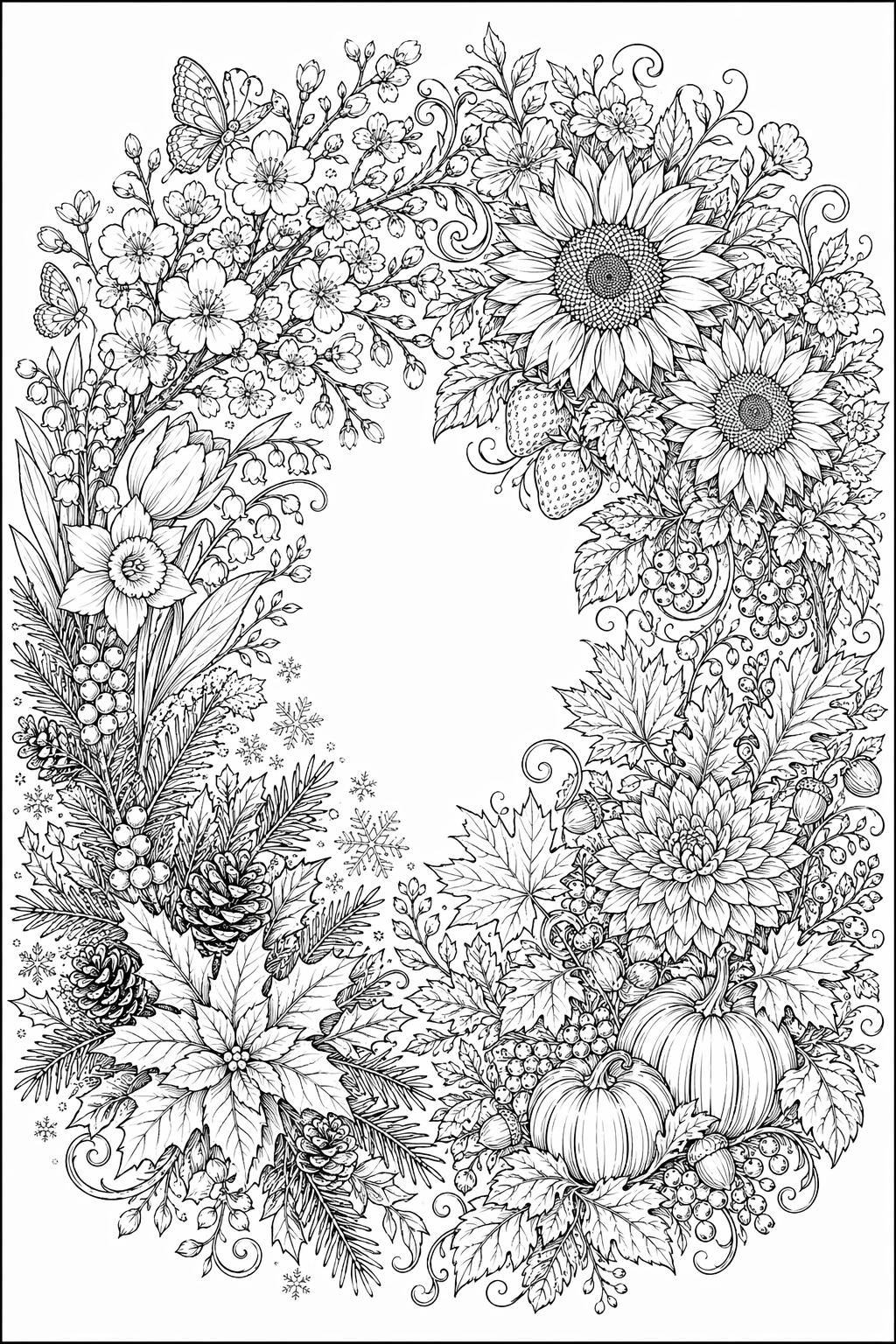 Neljä vuodenaikaa seppeleessä – värityssivu aikuisille