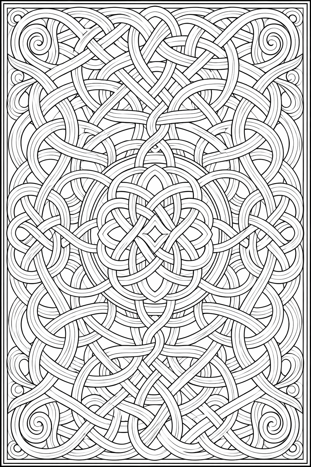 Nauhasolmujen sokkelo – värityssivu aikuisille