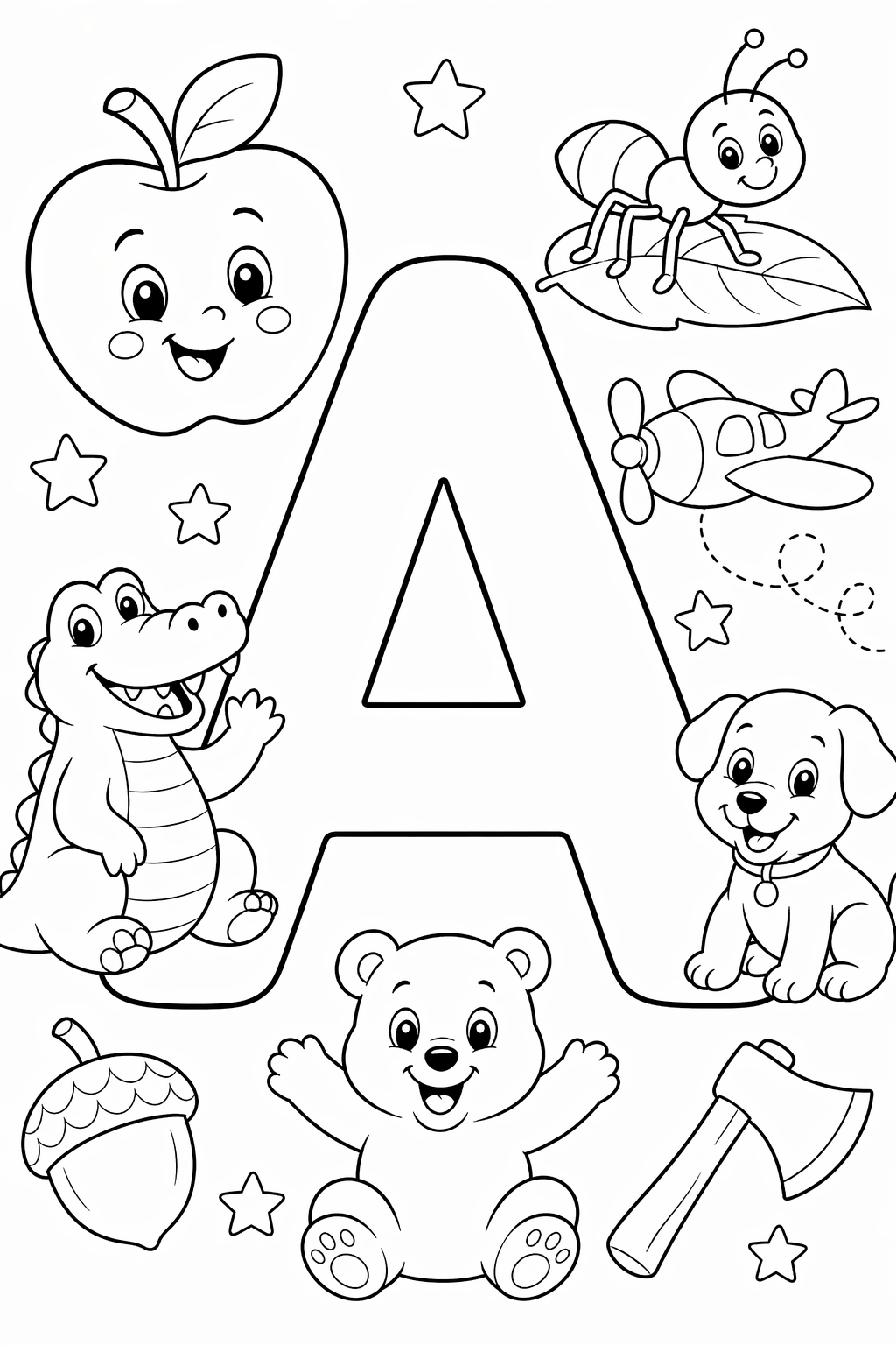 A-kirjain omena ja eläinaiheet – värityskuva