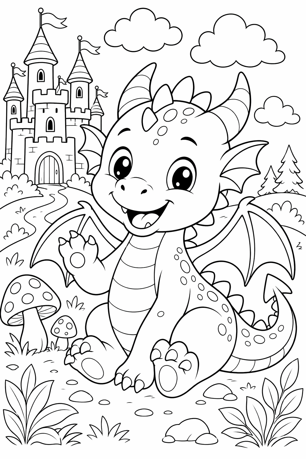 Lohikäärmeen poikanen ja linna – värityskuva