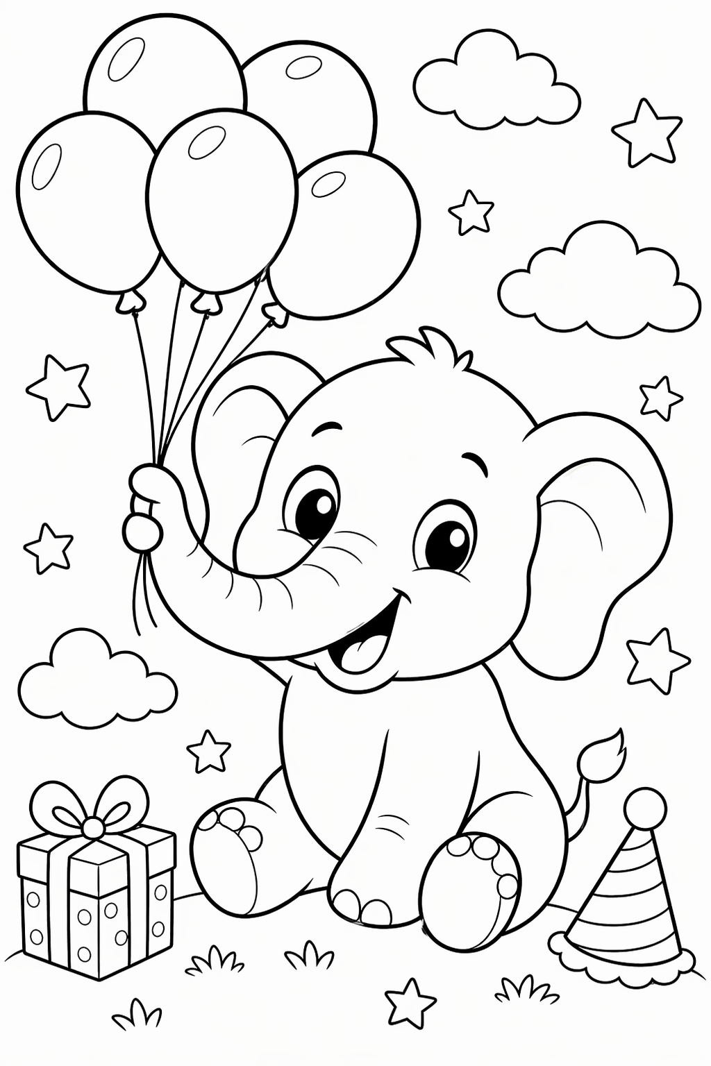 Norsunpoikanen ja ilmapallot – värityskuva