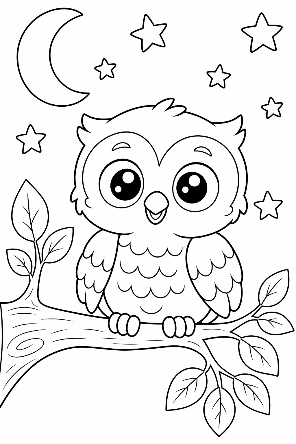 Pöllönpoikanen oksalla – värityskuva