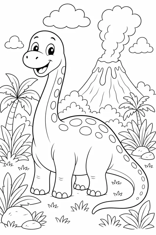 Brontosaurus tulivuoren luona – värityskuva