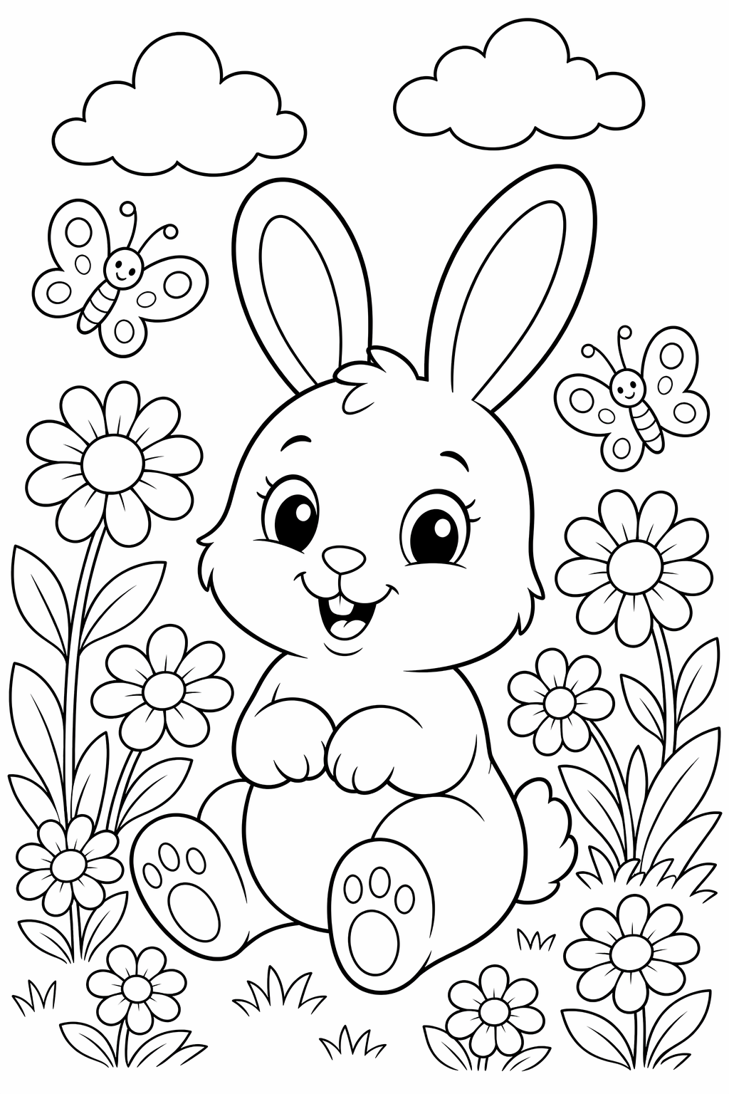 Pupu kukkapuutarhassa – värityskuva