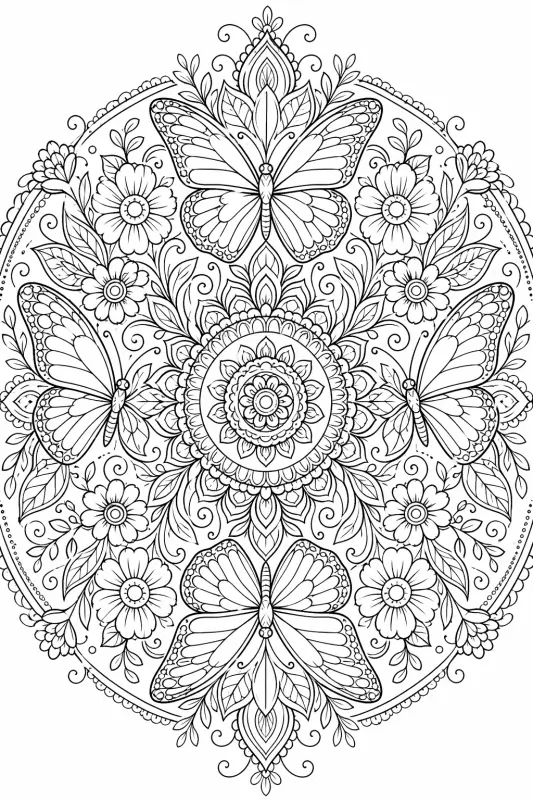 Perhospuutarha-mandala – värityskuva