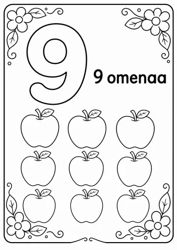 Numero 9: 9 omenaa värityssivu