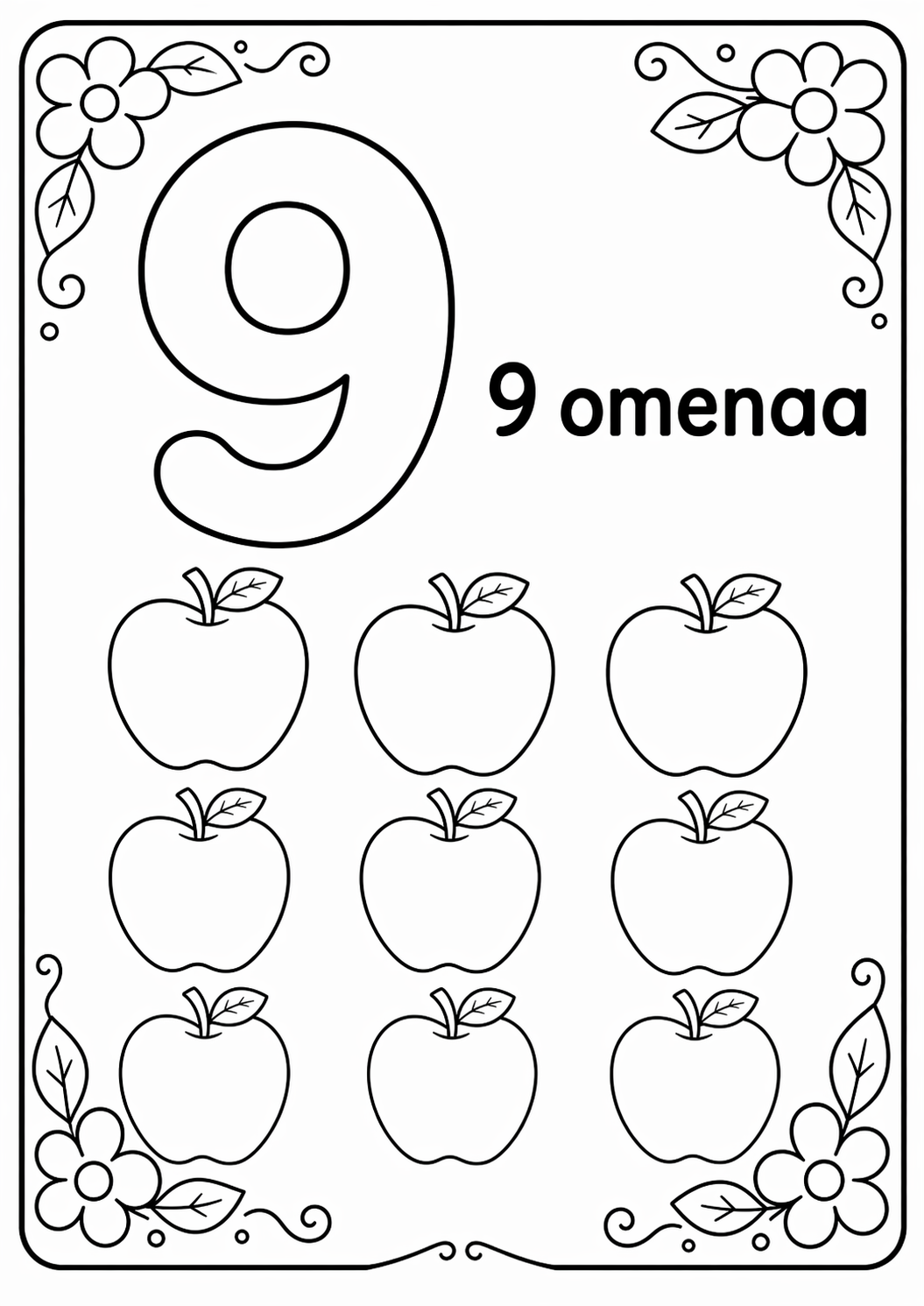 Numero 9: 9 omenaa värityssivu