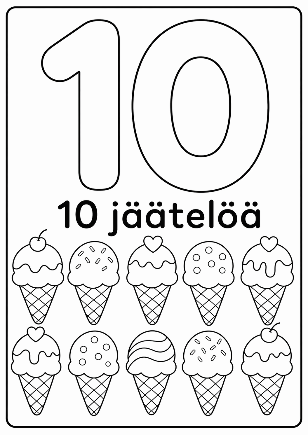 Numero 10: 10 jäätelöä värityssivu