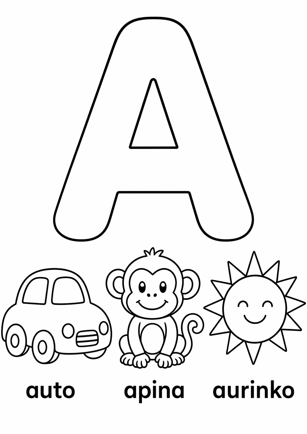 A-kirjain: auto, apina, aurinko värityssivu