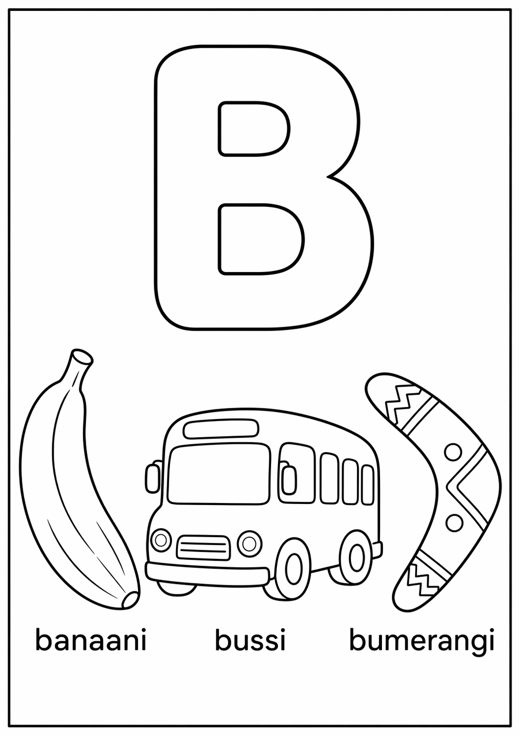 B-kirjain: banaani, bussi, bumerangi värityssivu