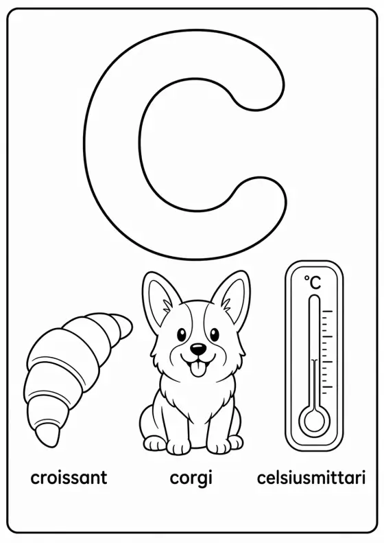 C-kirjain: croissant, corgi, celsiusmittari värityssivu