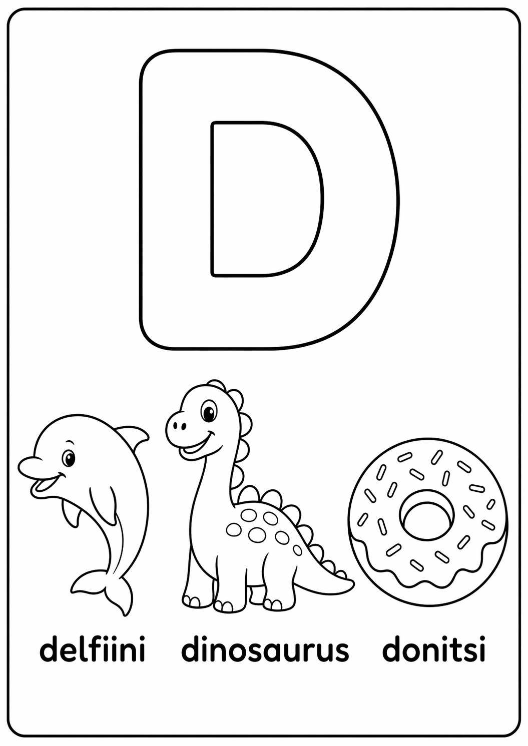 D-kirjain: delfiini, dinosaurus, donitsi värityssivu