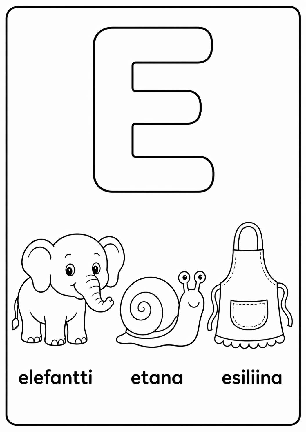 E-kirjain: elefantti, etana, esiliina värityssivu