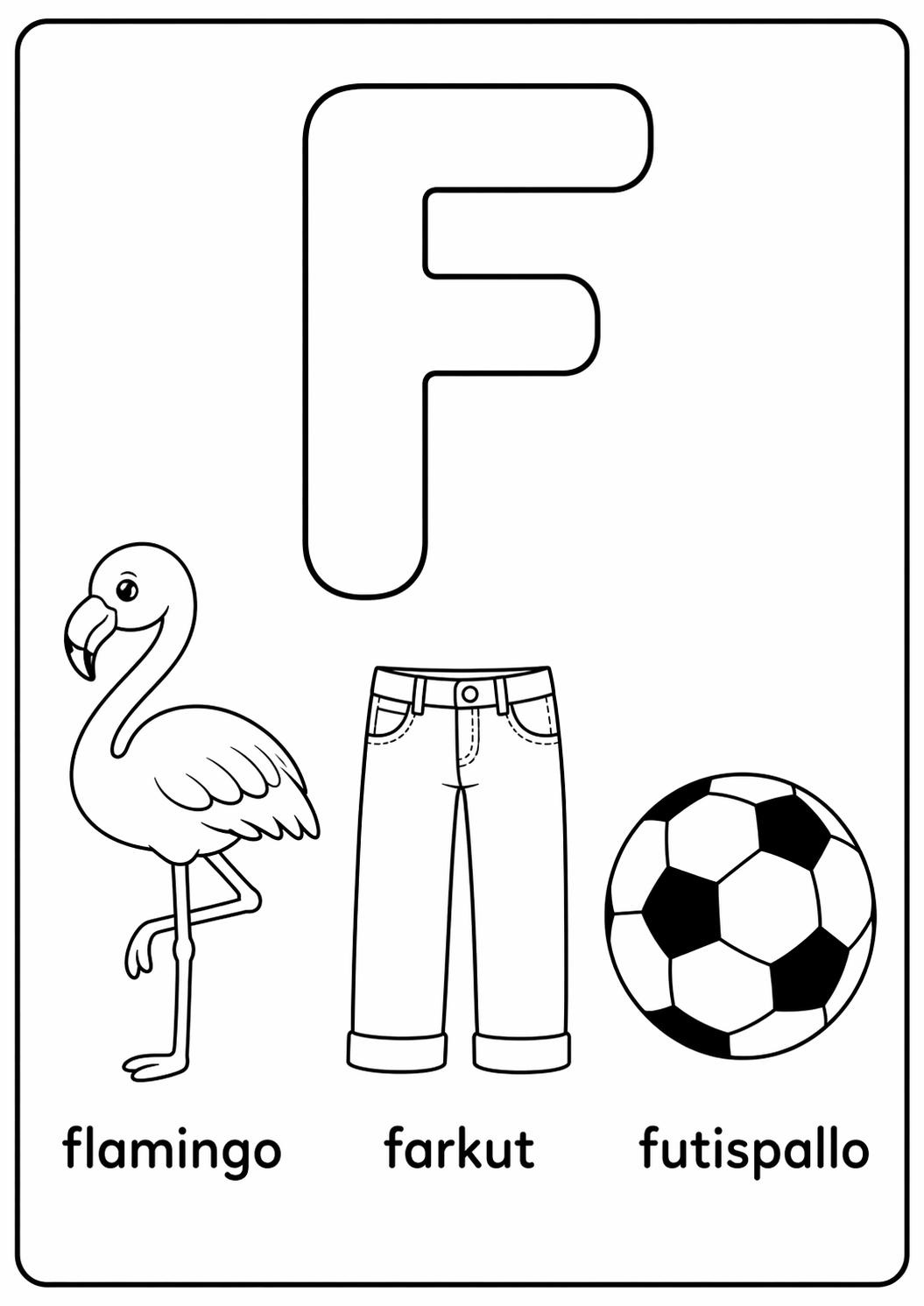 F-kirjain: flamingo, farkut, futispallo värityssivu