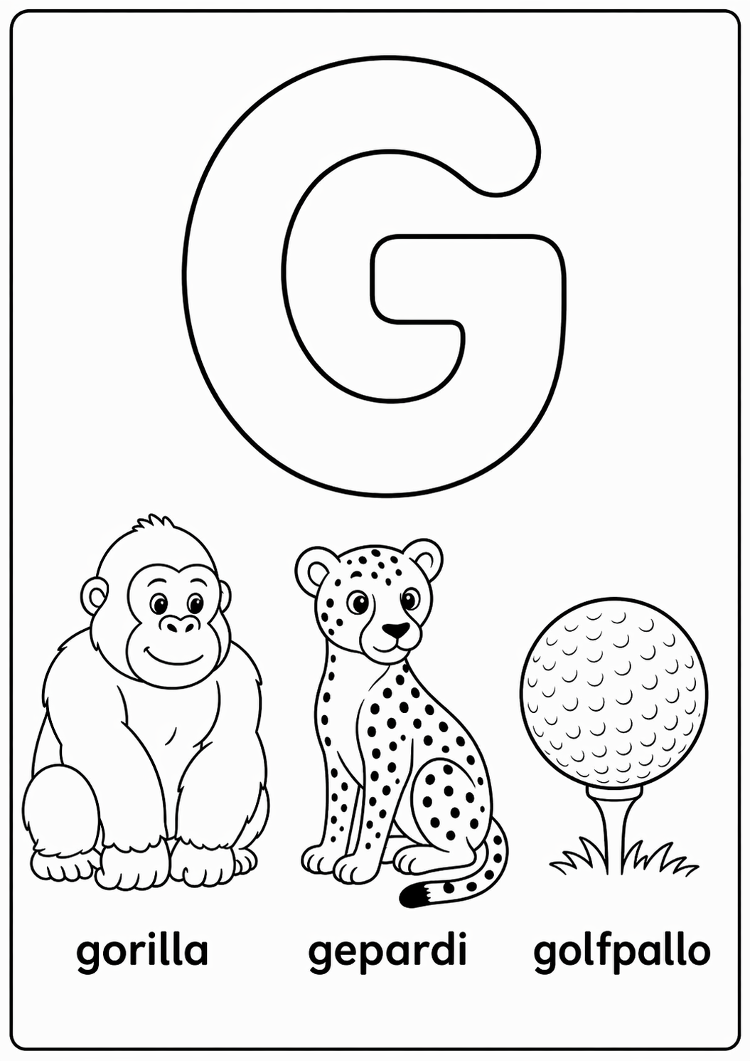 G-kirjain: gorilla, gepardi, golfpallo värityssivu