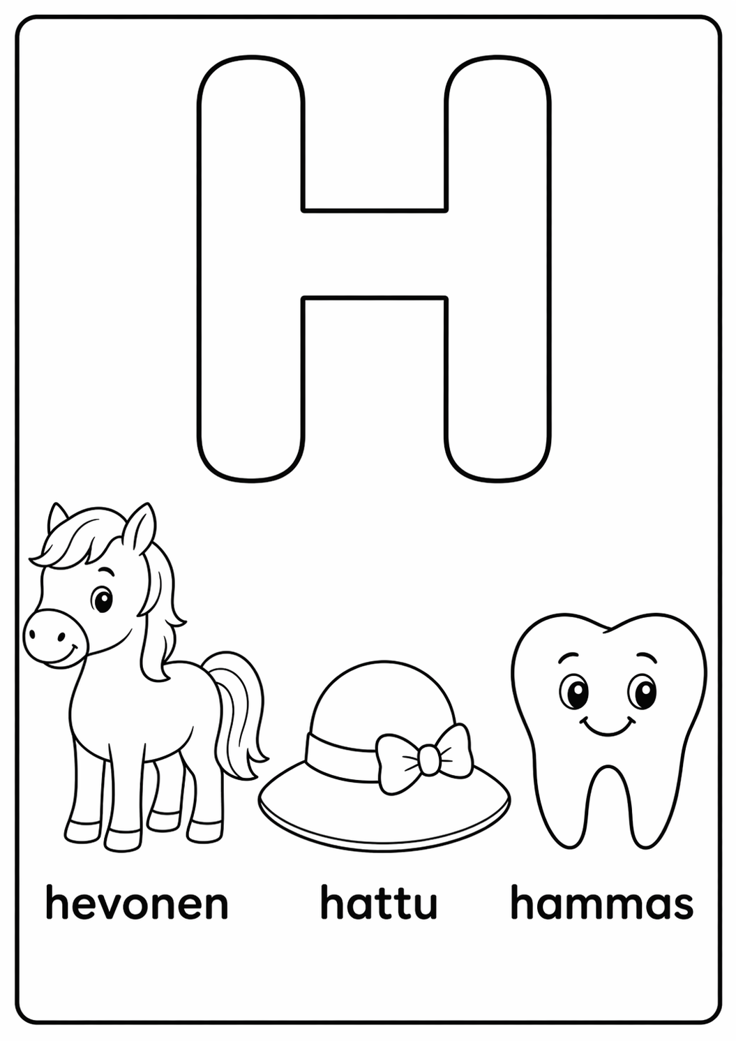 H-kirjain: hevonen, hattu, hammas värityssivu