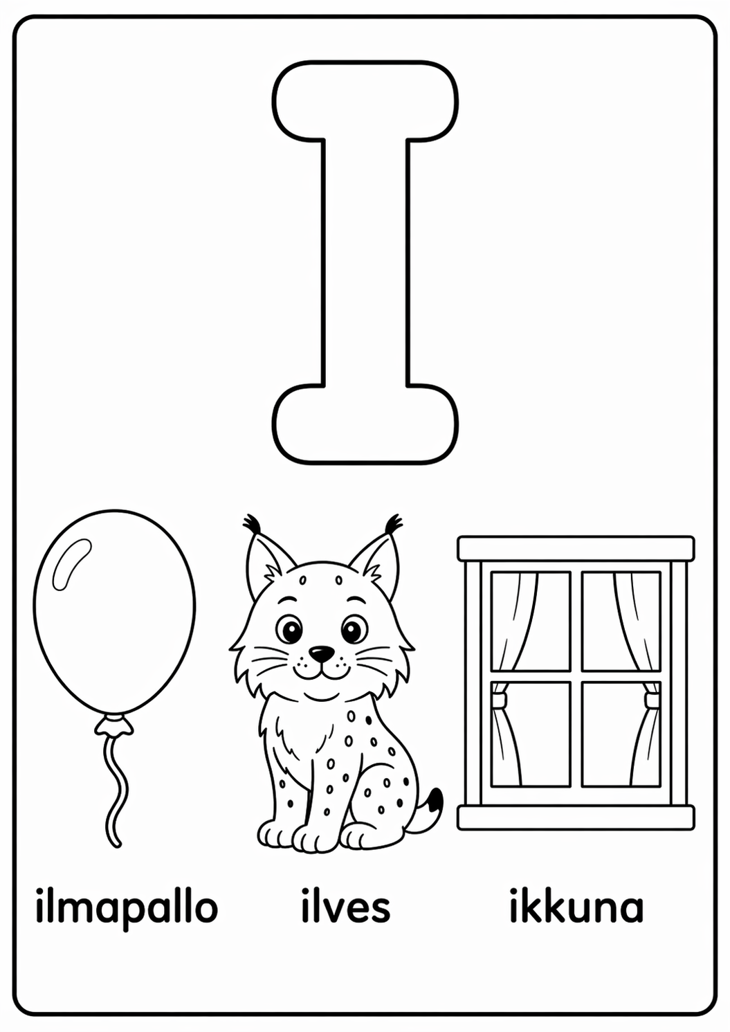 I-kirjain: ilmapallo, ilves, ikkuna värityssivu