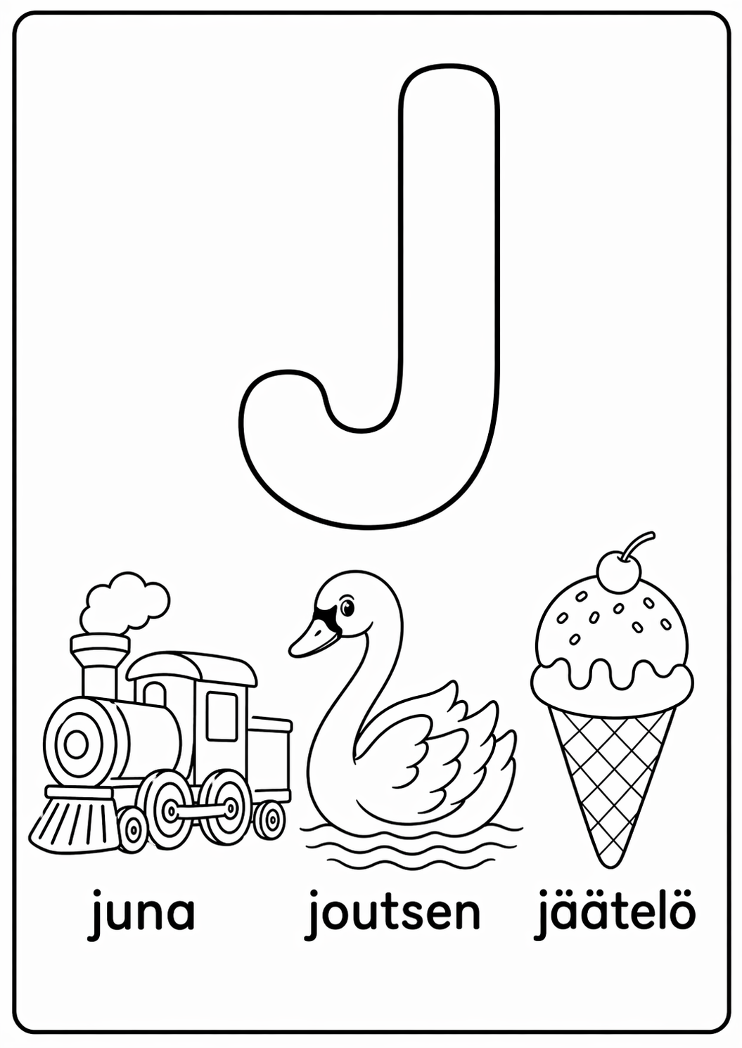 J-kirjain: juna, joutsen, jäätelö värityssivu