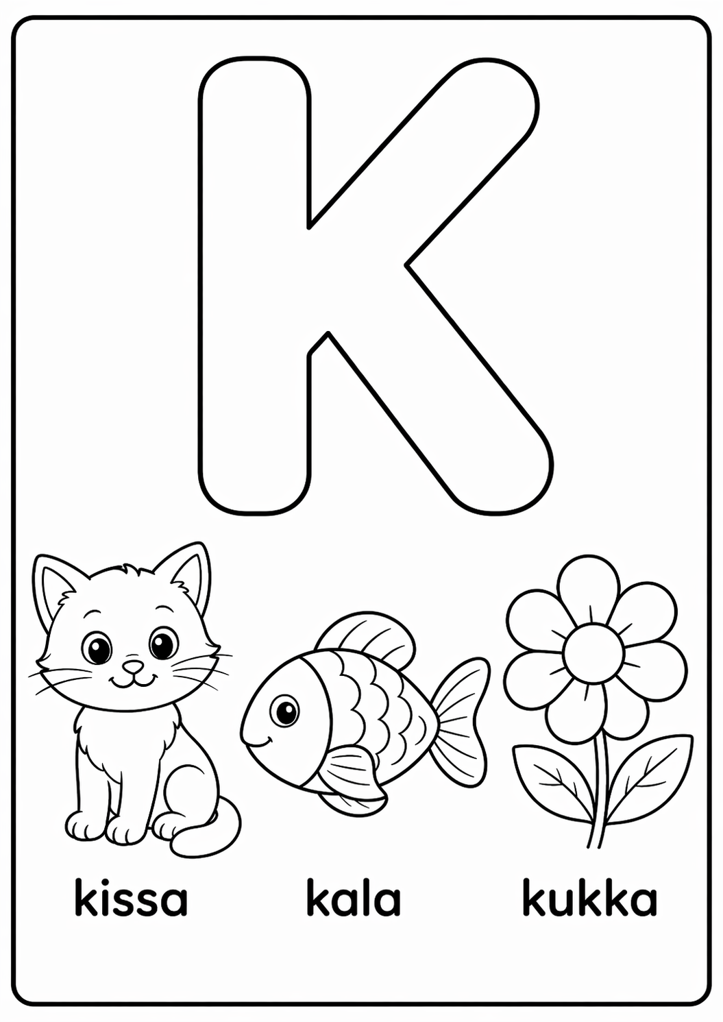 K-kirjain: kissa, kala, kukka värityssivu