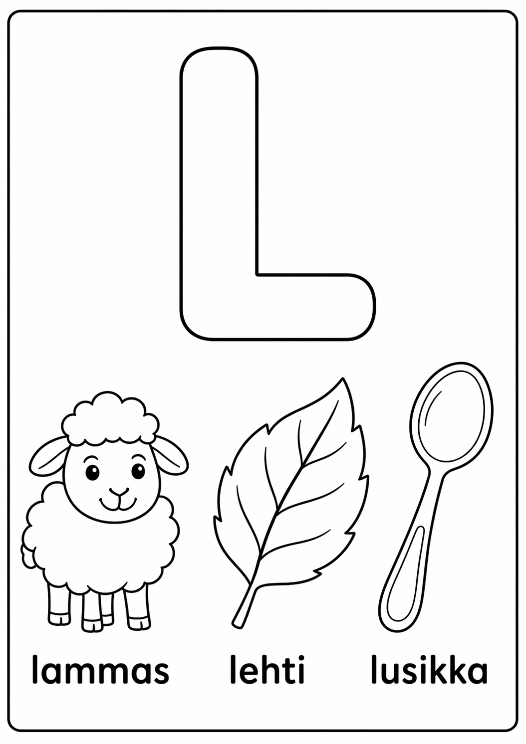 L-kirjain: lammas, lehti, lusikka värityssivu