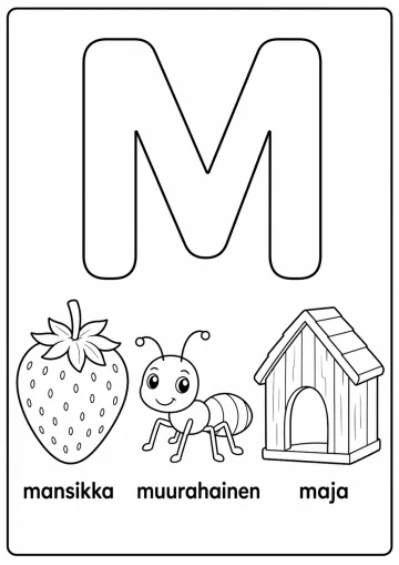 M-kirjain: mansikka, muurahainen, maja värityssivu