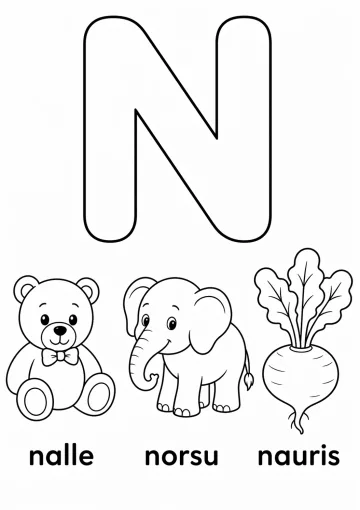 N-kirjain: nalle, norsu, nauris värityssivu